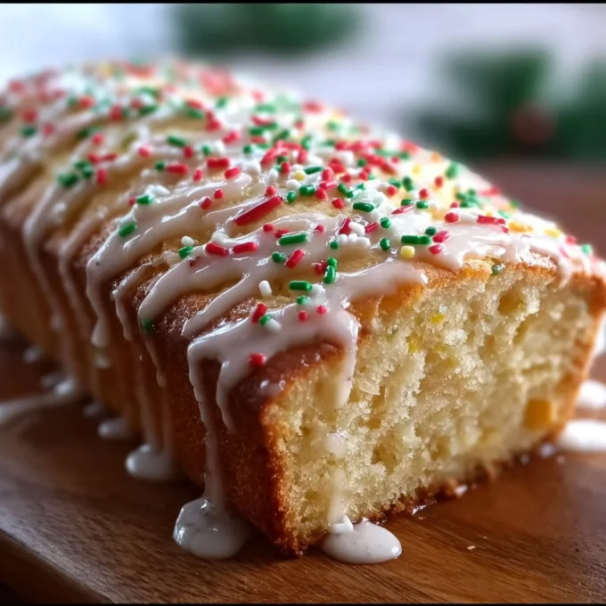 Christmas sugar cookie loaf with vanilla glaze and colorful sprinkles