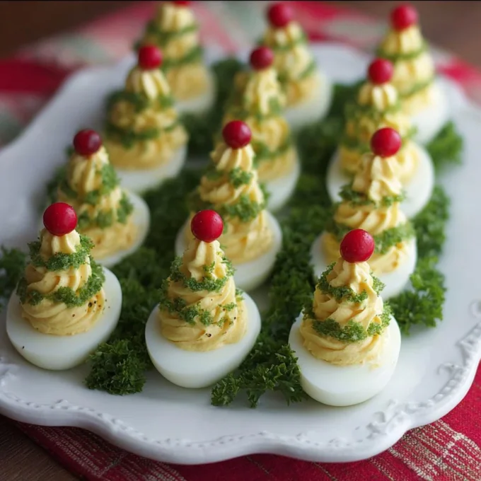 Christmas Tree Deviled Eggs arranged on a platter for holiday celebrations