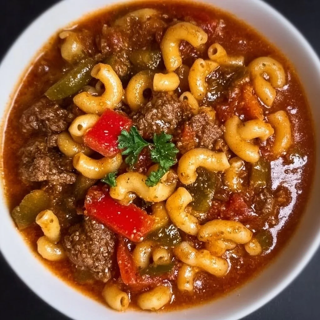 Bowl of classic goulash with beef, pasta, and vegetables