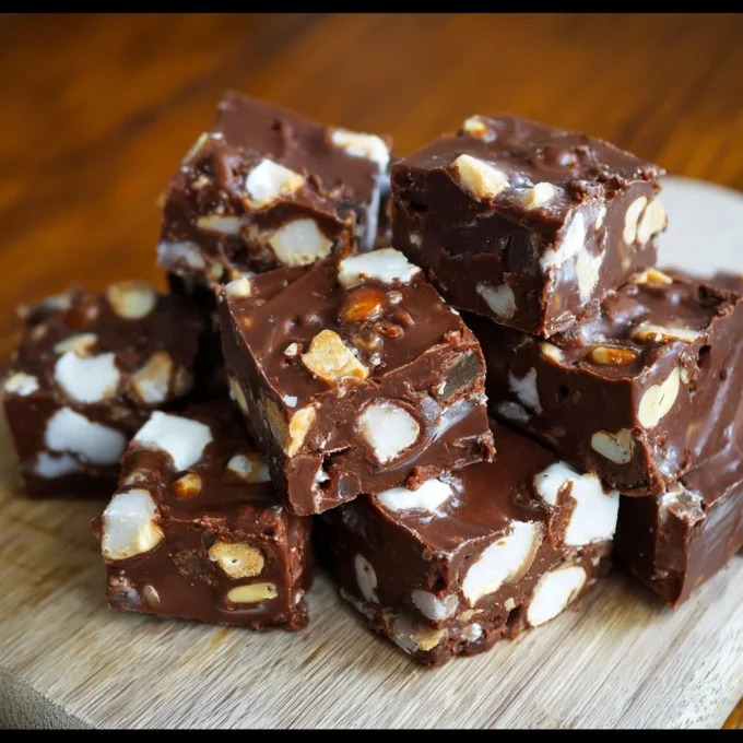 Delicious homemade classic Rocky Road Fudge with chocolate and marshmallows