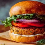 A mouthwatering Classic Salmon Burger served with fresh toppings.