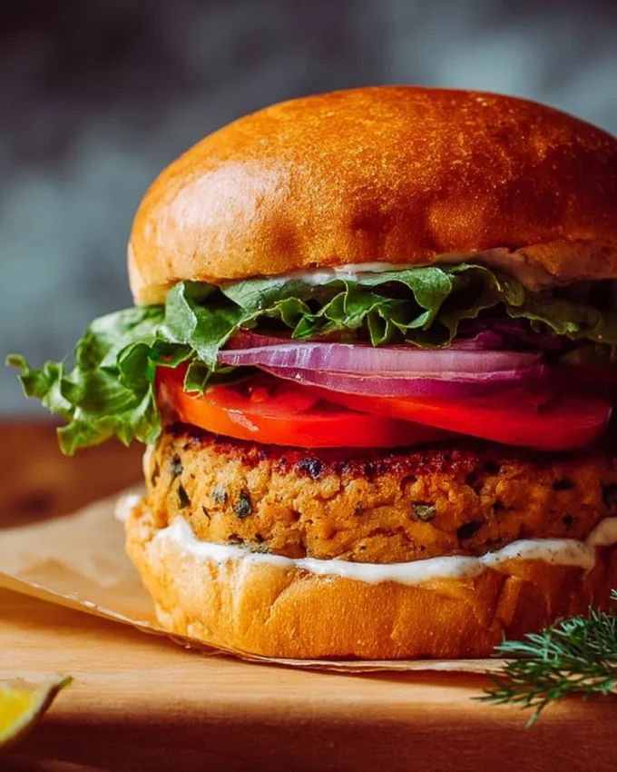 A mouthwatering Classic Salmon Burger served with fresh toppings.