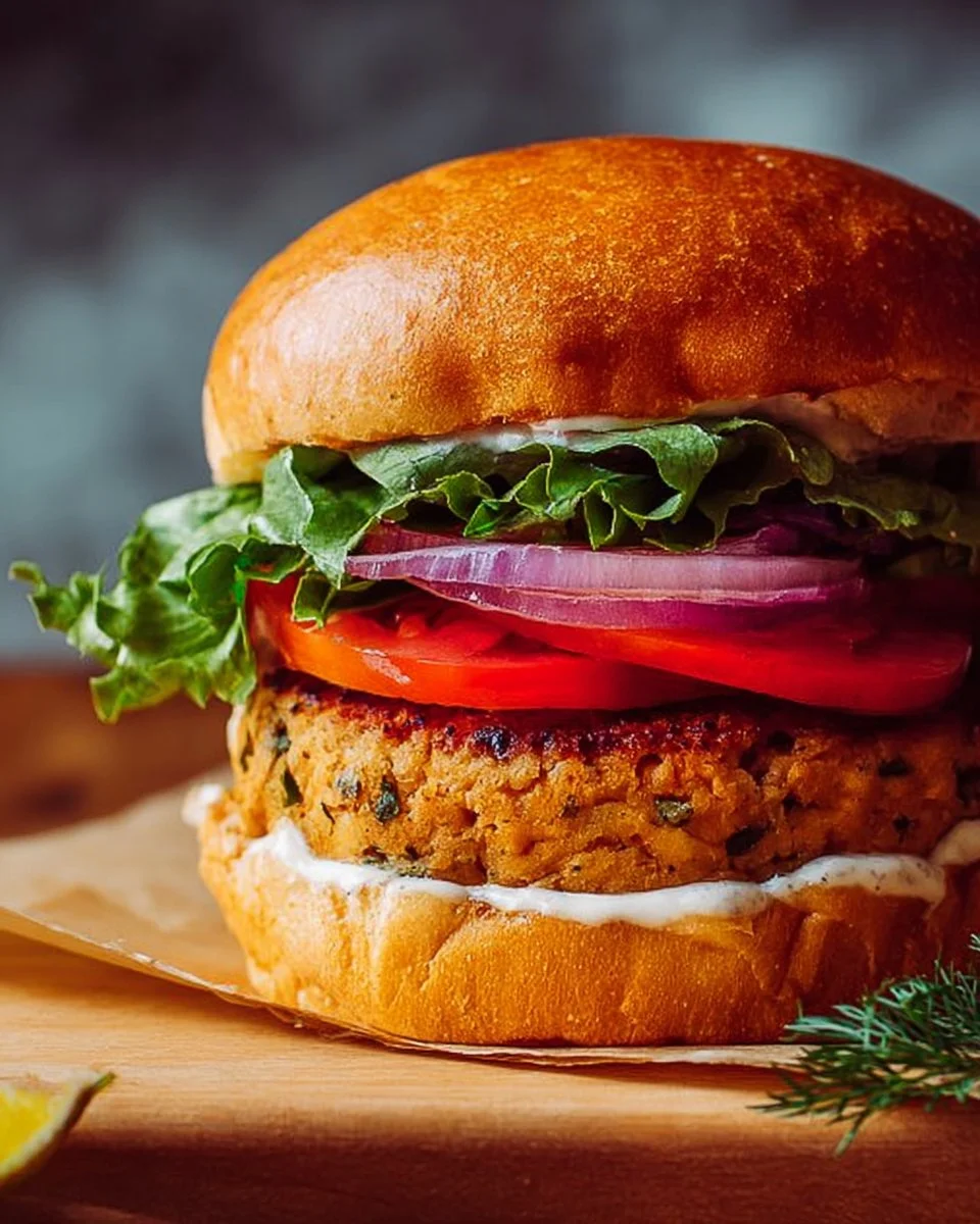 A mouthwatering Classic Salmon Burger served with fresh toppings.