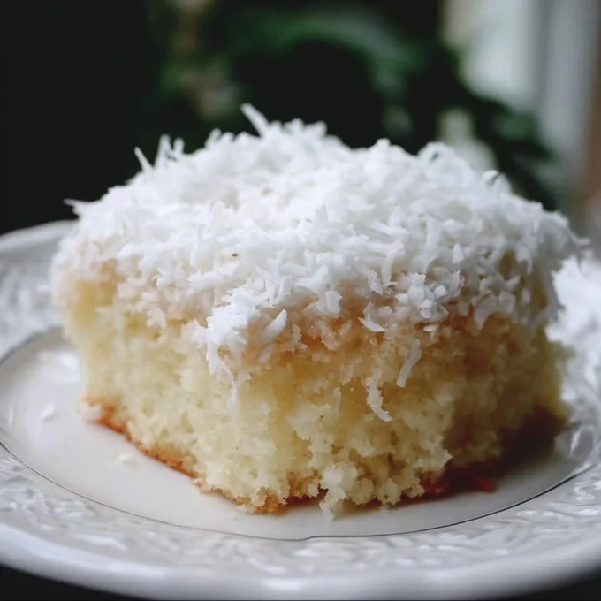 Delicious Coconut Cream Cake topped with creamy frosting and coconut flakes