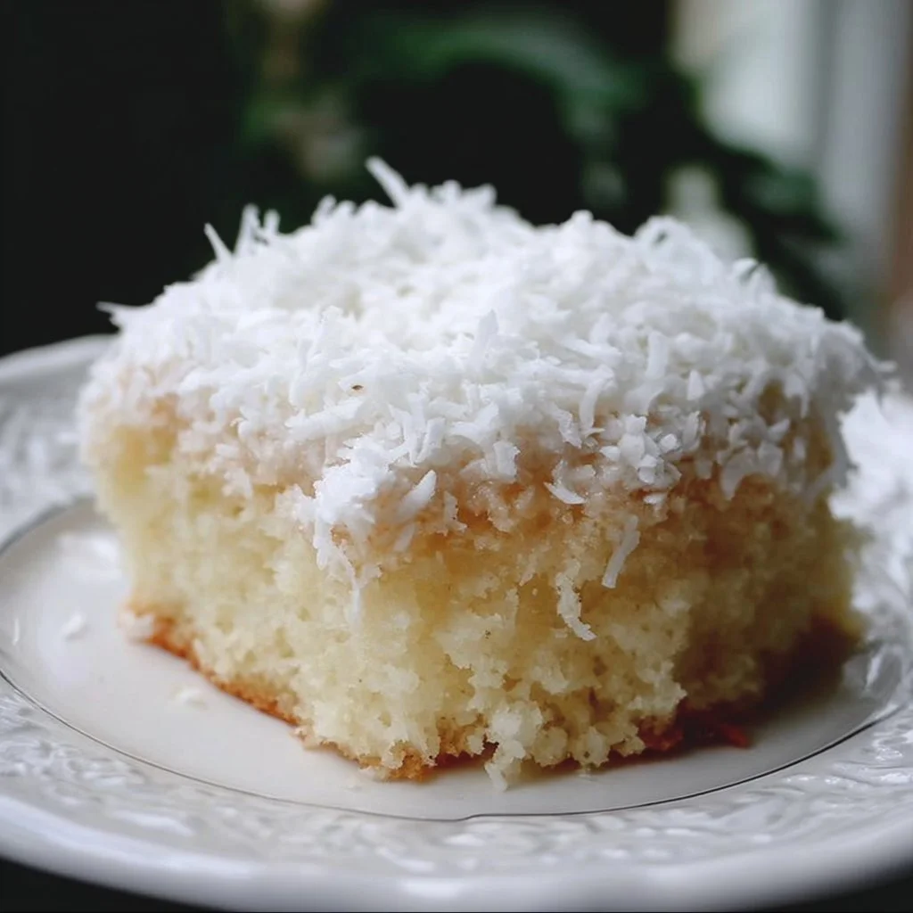 Delicious Coconut Cream Cake topped with creamy frosting and coconut flakes