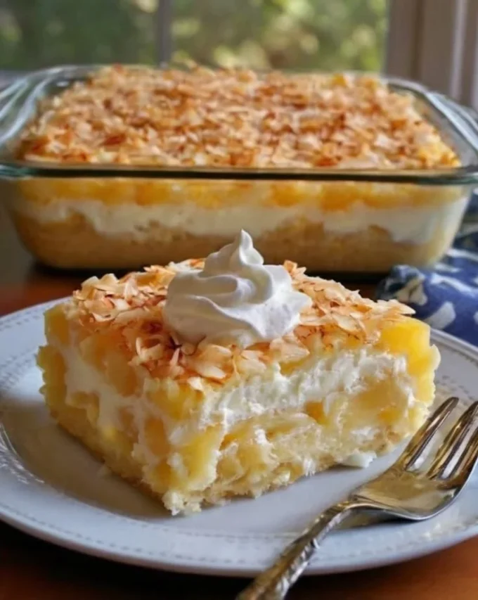 Delicious Coconut Custard Pie slice on a plate with coconut flakes