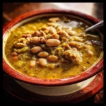 Bowl of Colorado Hatch Green Chili with Pinto Beans garnished with cilantro.