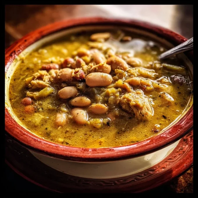 Bowl of Colorado Hatch Green Chili with Pinto Beans garnished with cilantro.