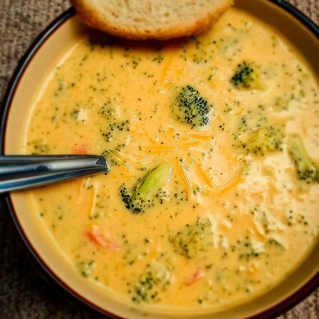 Delicious copycat Panera broccoli cheese soup served in a bowl with toppings.