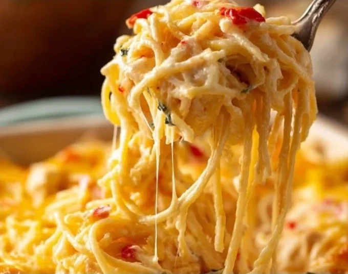 Cozy pasta casserole dish served warm with melted cheese on top