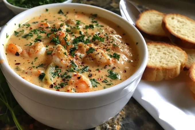Delicious Crab and Shrimp Bisque served in a bowl with fresh herbs