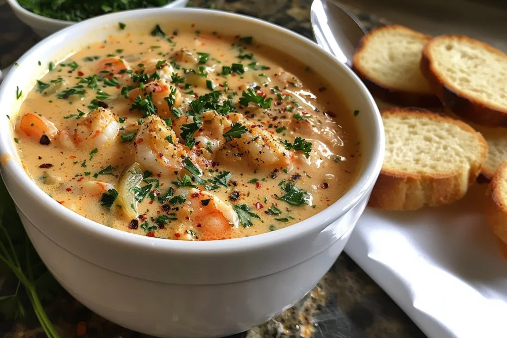 Delicious Crab and Shrimp Bisque served in a bowl with fresh herbs