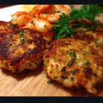 Delicious crab and shrimp cakes served with dipping sauce
