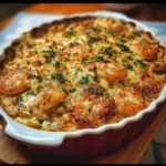 Delicious Crab and Shrimp Casserole topped with breadcrumbs and herbs