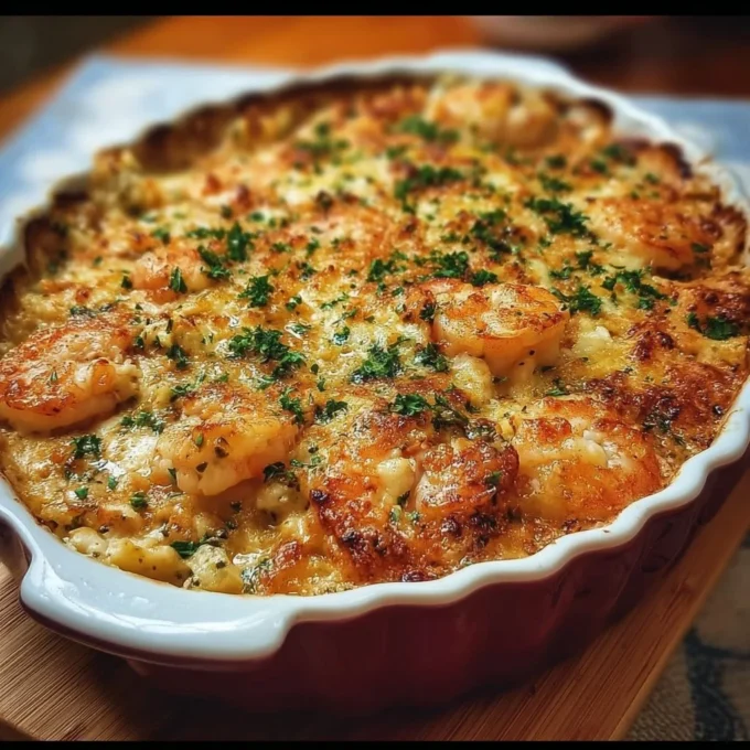 Delicious Crab and Shrimp Casserole topped with breadcrumbs and herbs