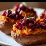Cranberry apple twice-baked sweet potatoes topped with herbs and spices