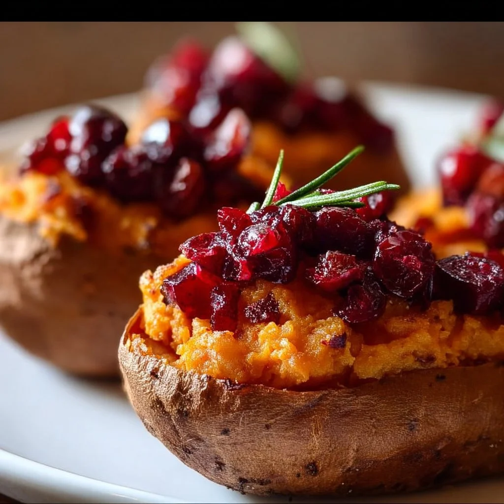 Cranberry apple twice-baked sweet potatoes topped with herbs and spices