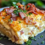 Delicious creamy bacon and hashbrown casserole served in a baking dish