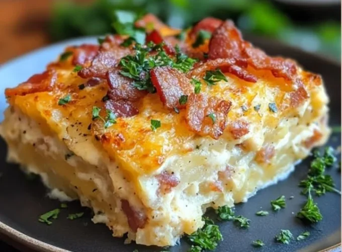 Delicious creamy bacon and hashbrown casserole served in a baking dish