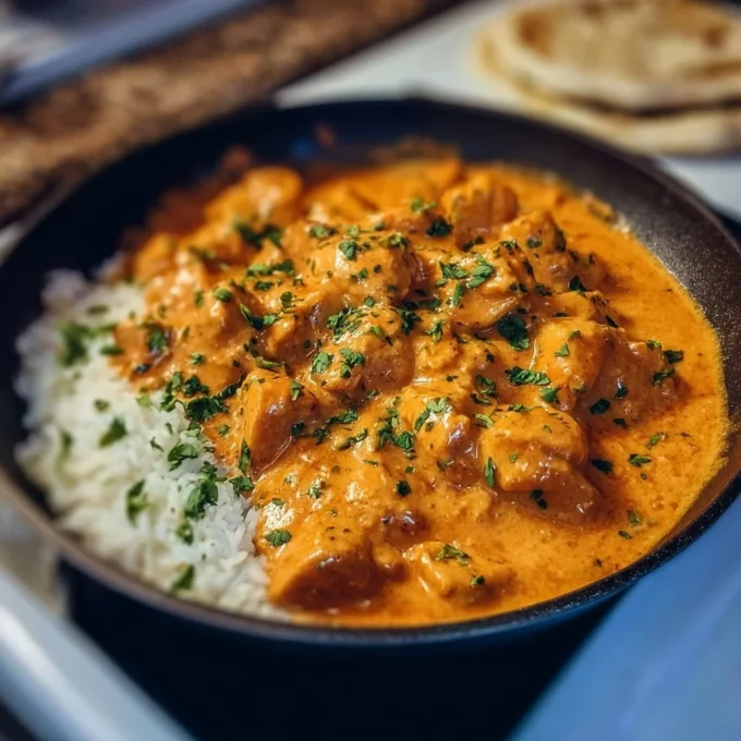 Creamy butter chicken served with rice and garnished with cilantro