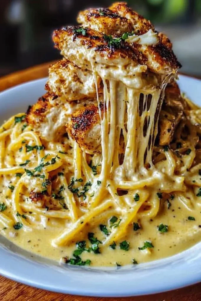 Creamy Cajun Chicken Linguine served with garlic mozzarella sauce