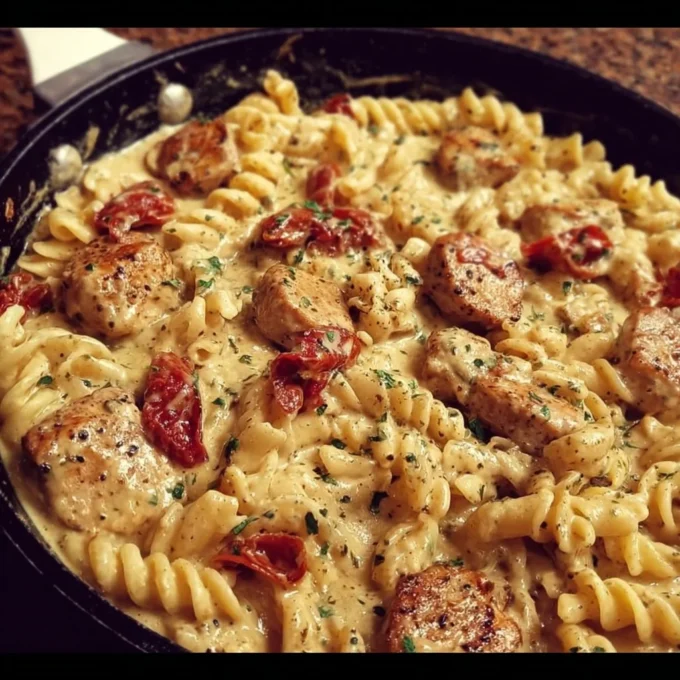 Creamy Pepper Jack Chicken and Sausage Pasta Skillet dish served in a bowl