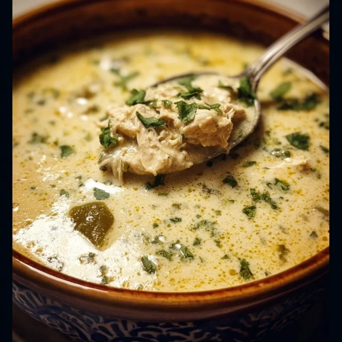 Bowl of creamy poblano chicken stuffed peppers soup topped with fresh herbs.