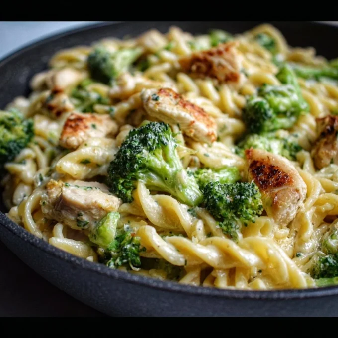 Creamy rotisserie chicken pasta with broccoli in a bowl