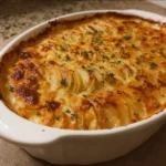 Delicious creamy scalloped potatoes baked to perfection with a cheesy top