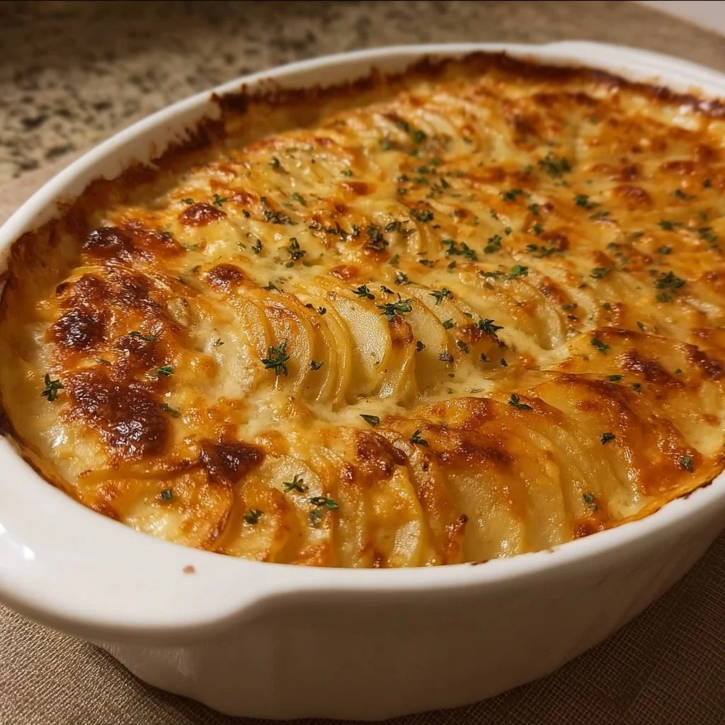 Delicious creamy scalloped potatoes baked to perfection with a cheesy top