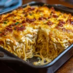 Delicious Creamy Southern Spaghetti Bake in a casserole dish