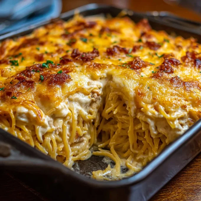Delicious Creamy Southern Spaghetti Bake in a casserole dish