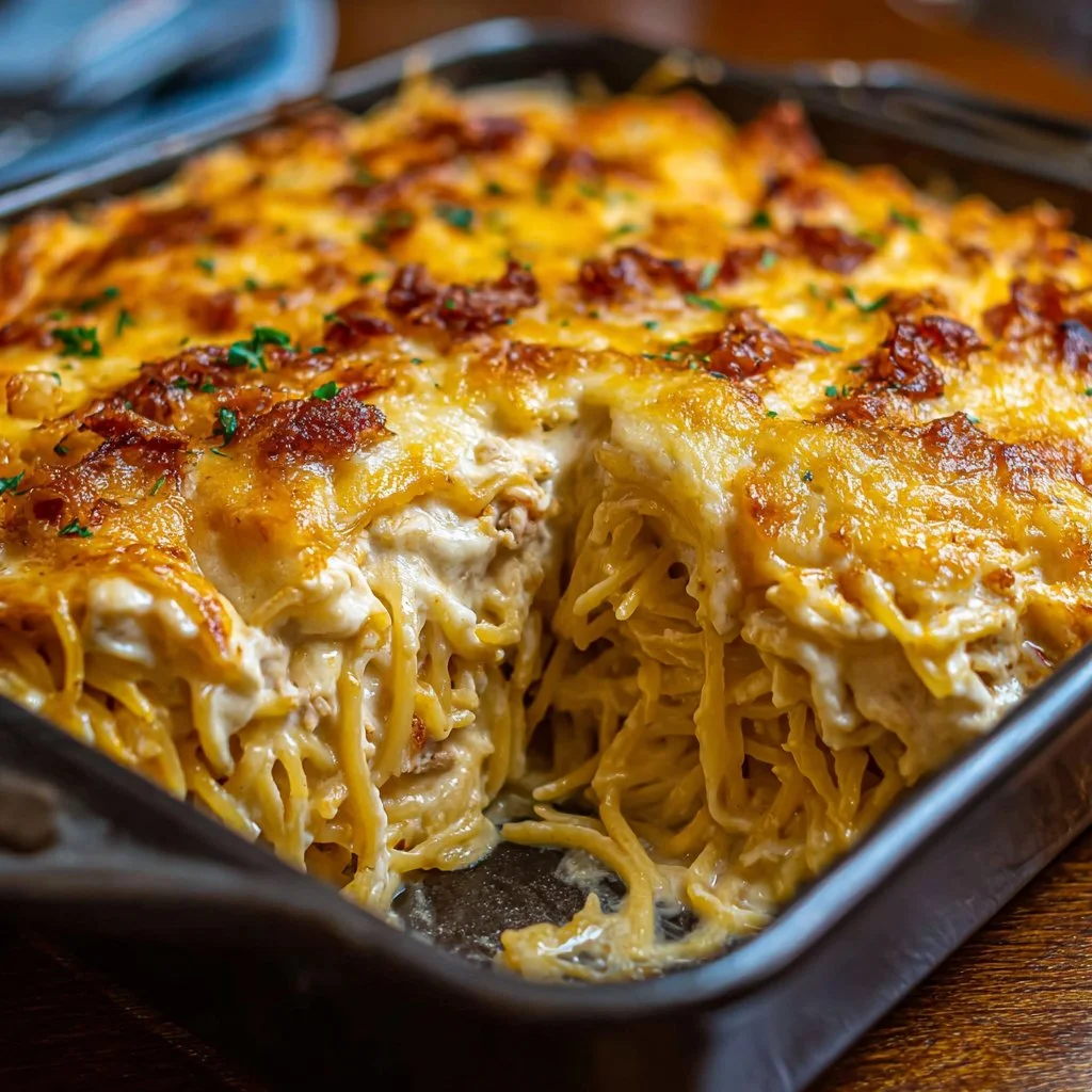 Delicious Creamy Southern Spaghetti Bake in a casserole dish
