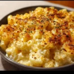 Creamy three cheese macaroni served in a bowl with melted cheese on top