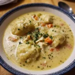 A bowl of creamy turkey dumpling soup garnished with herbs and vegetables