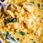 Creamy Turkey Wild Rice Soup in a bowl with herbs and spices