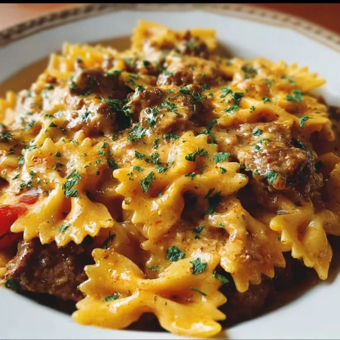 Creamy Velveeta beef and bowtie pasta dish served in a bowl.