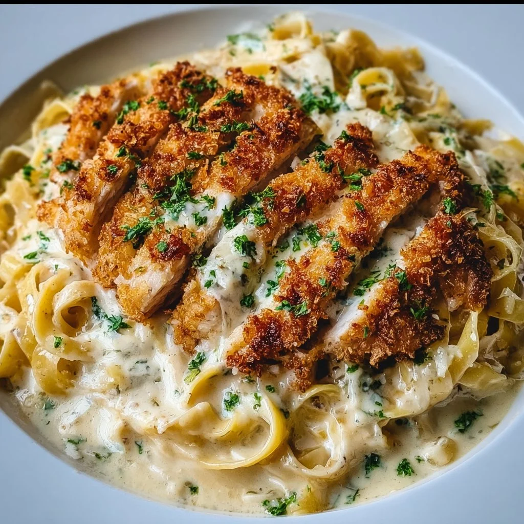 A plate of crispy chicken fettuccine alfredo topped with parsley