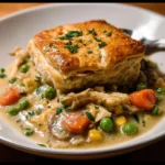 Crock Pot Chicken Pot Pie served in a bowl with vegetables and flaky crust