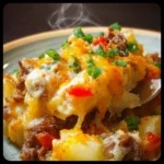 Delicious Crockpot Cheesesteak Potato Casserole topped with melted cheese and bell peppers