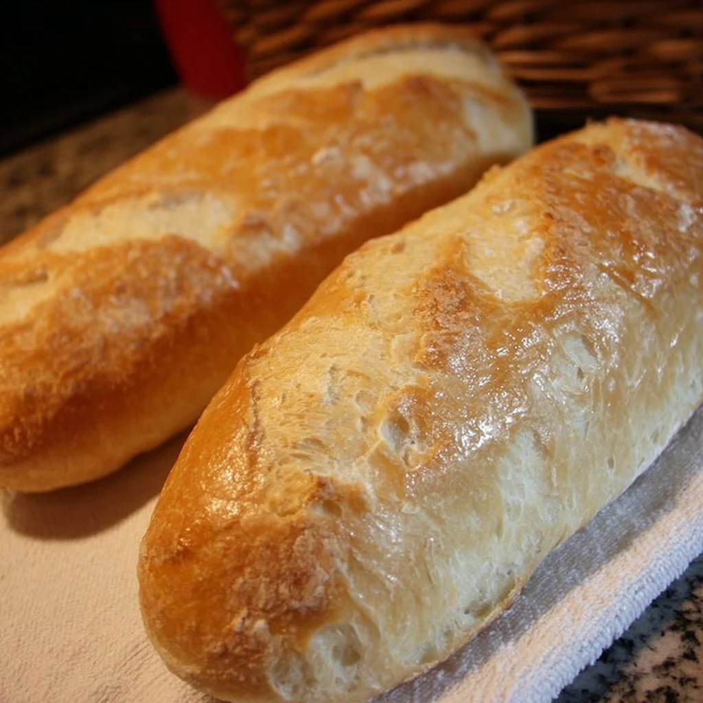Freshly baked crusty Italian bread loaf on a wooden table