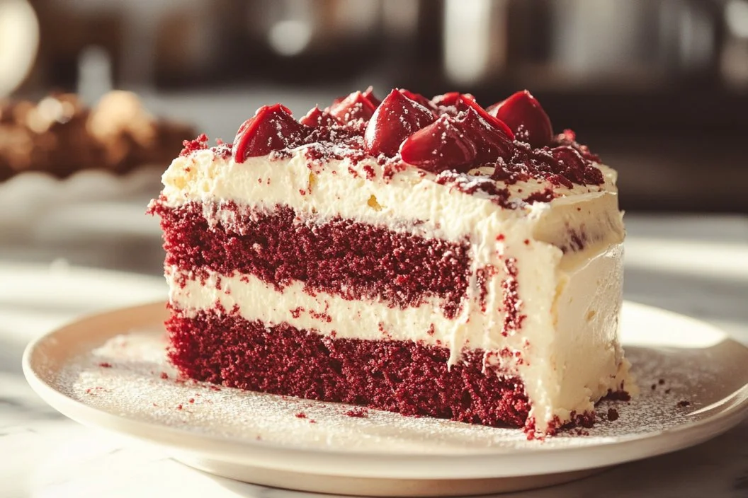 Gluten-free red velvet cake with cream cheese frosting and decorative sprinkles