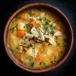 Bowl of delicious leftover turkey soup garnished with herbs and spices