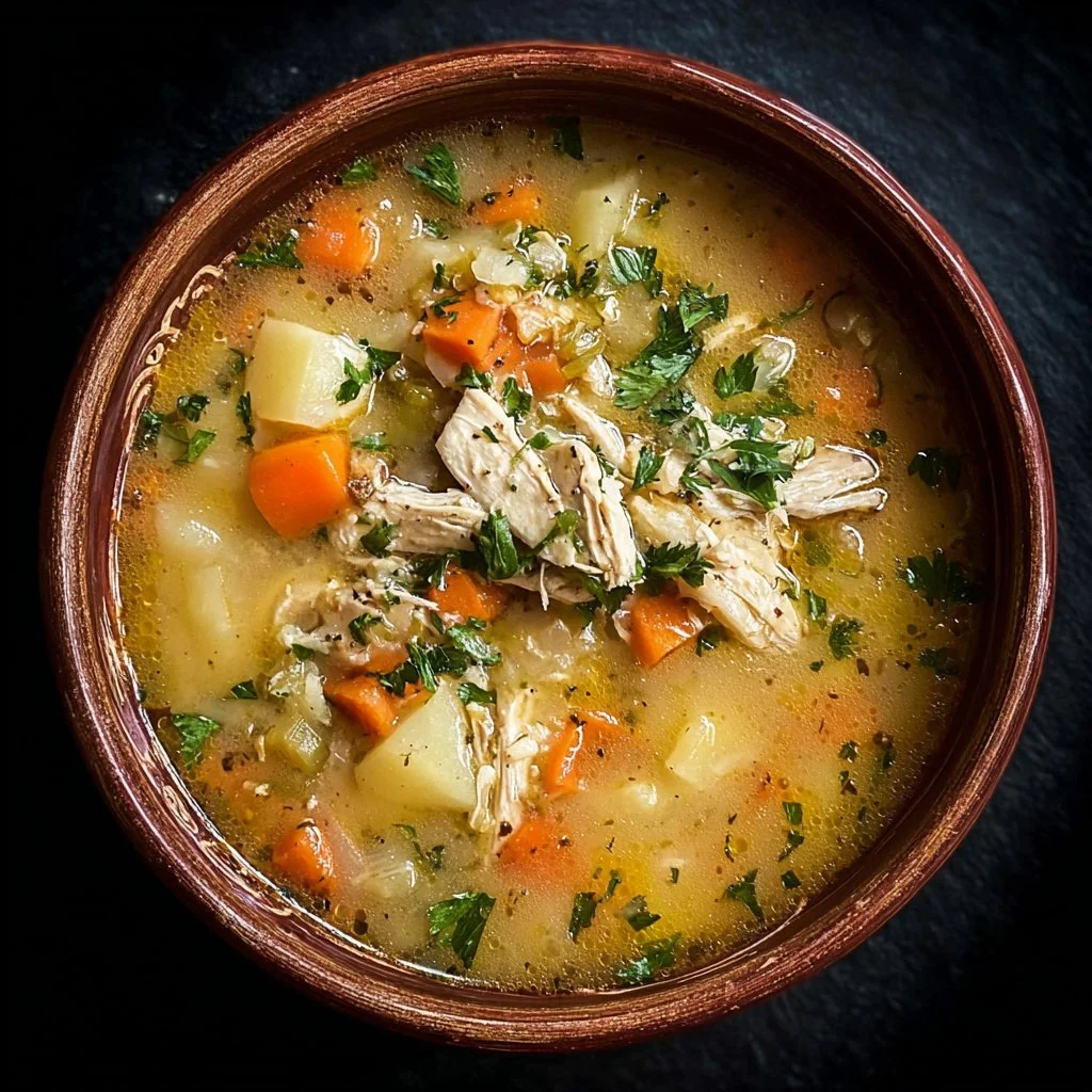 Bowl of delicious leftover turkey soup garnished with herbs and spices