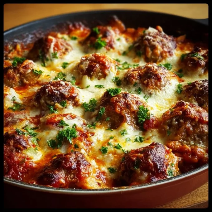 Baked meatball casserole topped with cheese and pasta in a baking dish.