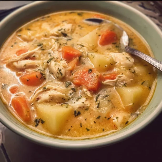 Bowl of easy leftover turkey soup garnished with herbs and vegetables.