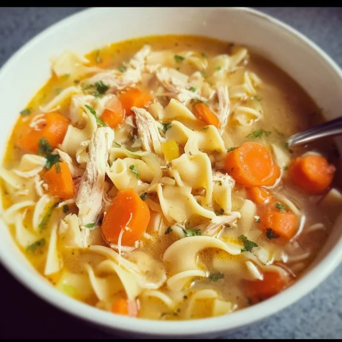 Bowl of easy Turkey Noodle Soup with vegetables and noodles