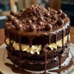 Epic Chocolate Overload Explosion Cake topped with creamy chocolate ganache
