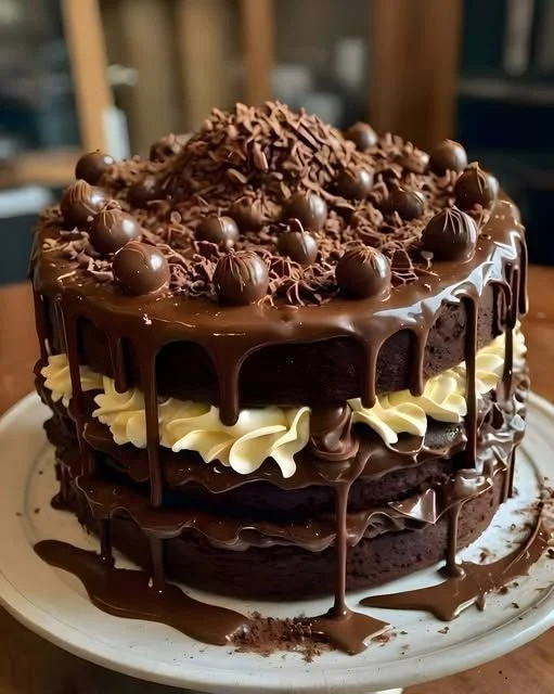 Epic Chocolate Overload Explosion Cake topped with creamy chocolate ganache