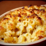 A delicious five cheese baked macaroni and cheese dish, golden and creamy.